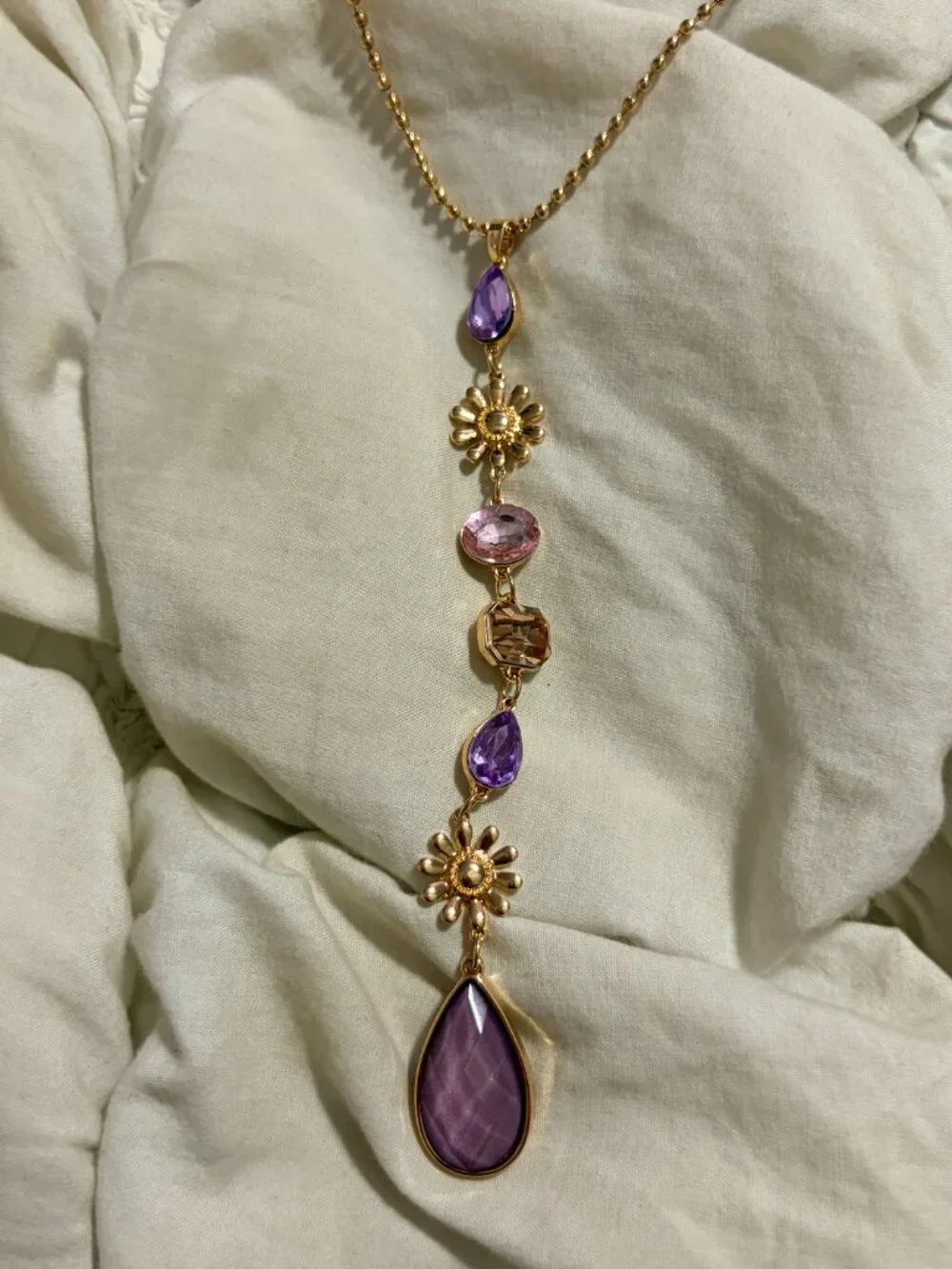 Free People Purple Crystal and Floral Lariat Necklace
